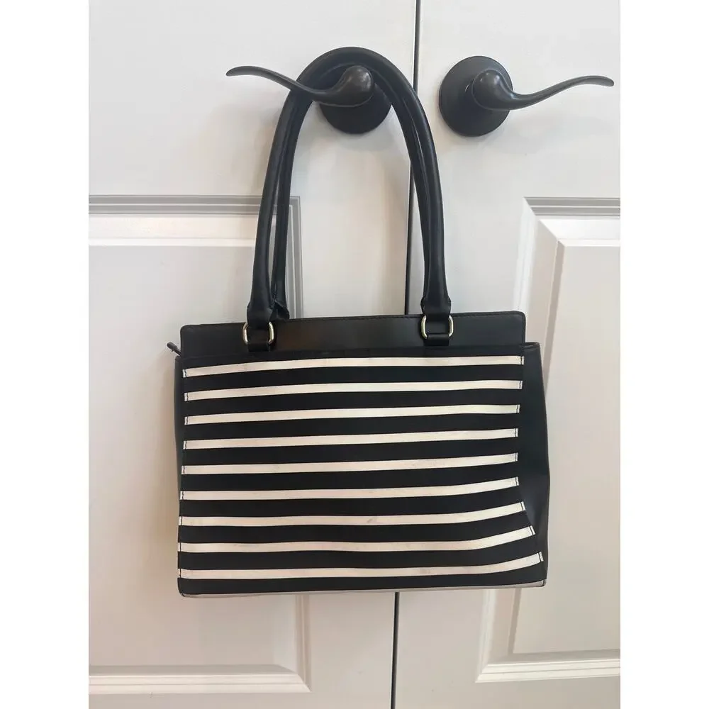 Kate Spade Black Leather with Black and White Striped Shoulder Tote Bag